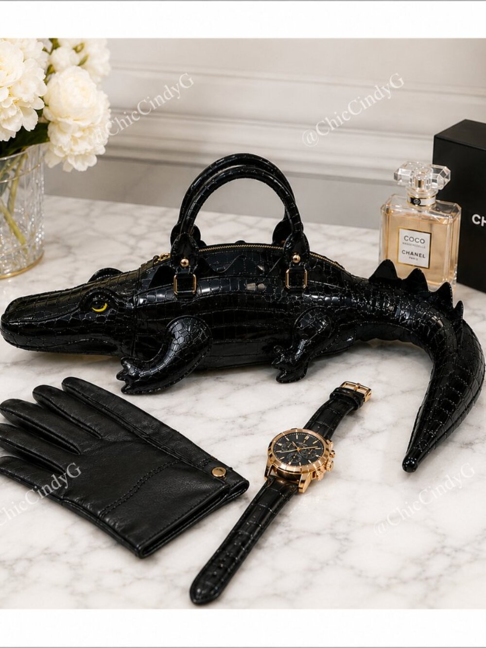 Black Alligator Crocodile Novelty Handbag Purse w/ Strap Statement Bag - Picture 5 of 11
